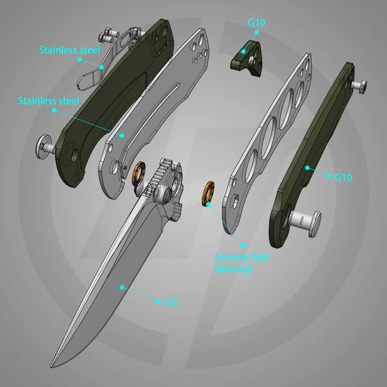 Olitans Bomber G061-GW - 2.91" D2 Satin Blade, Green G10 Handle