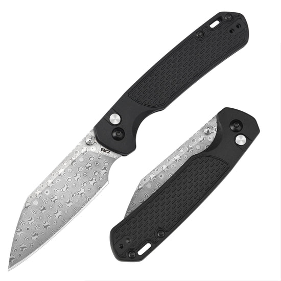 CJRB Pyrite Light - 3.34" Damascus Wharncliffe Blade, Black FRN Handles - J1945-DBK
