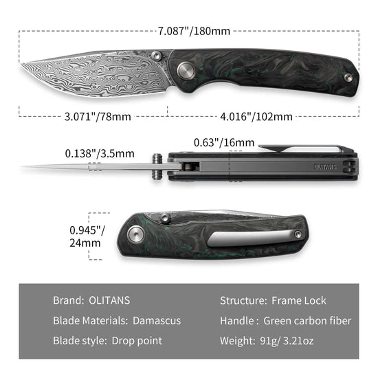 Olitans Gecko M070 - 3.07" Damascus Blade, Green Carbon Fibre Handle