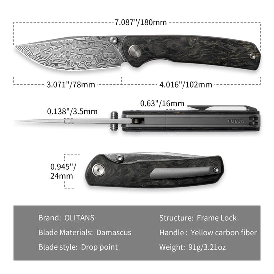 Olitans Gecko M070 - 3.07" Damascus Blade, Yellow Carbon Fibre Handle