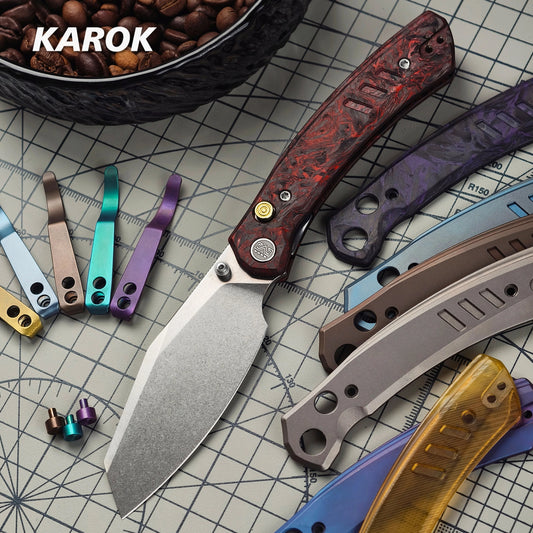 Miguron Karok - 3.4" Stonewashed D2, Purple Carbon Fibre Handle, Bronze Clip