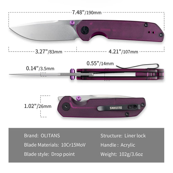 Olitans Lemon Shark G071 - 3.27" 10Cr15Mov Stonewashed Blade, Purple Acrylic Handle