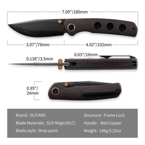 Olitans Gecko M070 - 3.07" SLD-Magic DLC Blade, Copper Handle