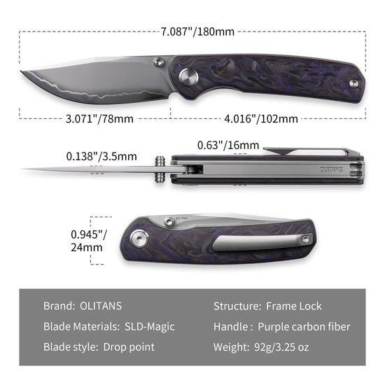 Olitans Gecko M070 - 3.07" SLD-Magic Blade, Purple Carbon Fibre Handle