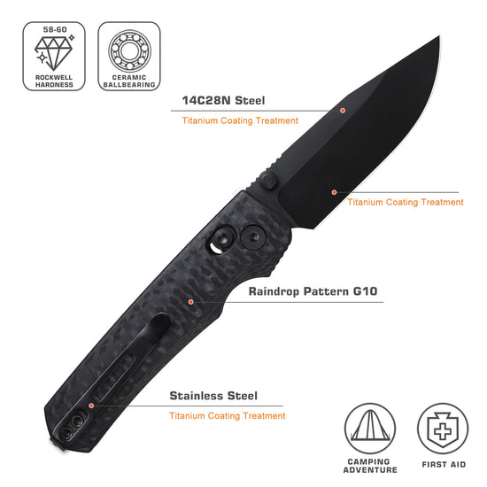 Remette RT-Aurora - 2.75" 14C28N Black Blade, Black Raindrop G10 Handle. AURA-G2