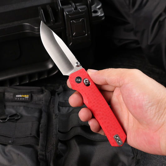 Remette RT-Aurora - 2.75" 14C28N Sandblasted Blade, Red Raindrop G10 Handle. AURA-G4