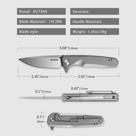 Olitans Mini Knife T019 - 2.16" 14C28N Belt Satin Blade, Titanium Handle
