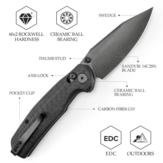 Trivisa Hornet-CG - 3.34" 14C28N Black Stonewashed Blade, Carbon Fibre Style G10 Handle