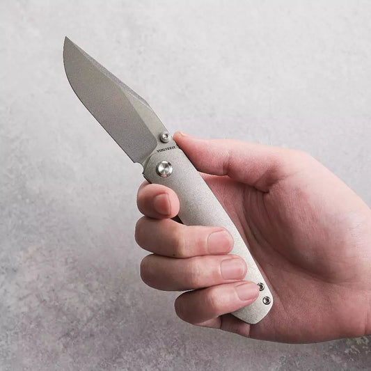 Vosteed Vallhund A2101 - 3.02" S35VN Stonewash Blade, Grey Titanium Handle