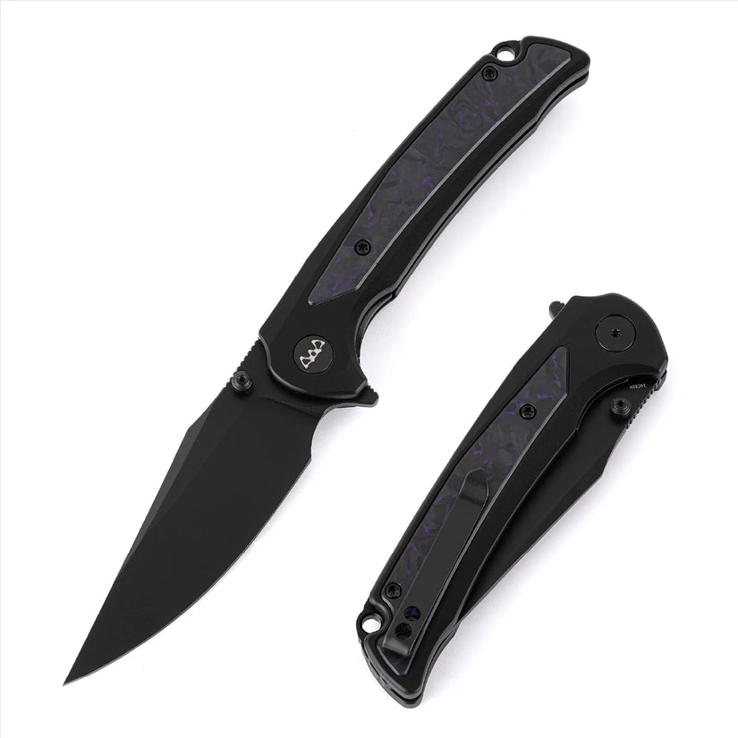 Wixco Scort WX14-A - 3.6" 14C28N Black PVD Blade, Black Aluminium with Purple Shredded Carbon Fibre Handle