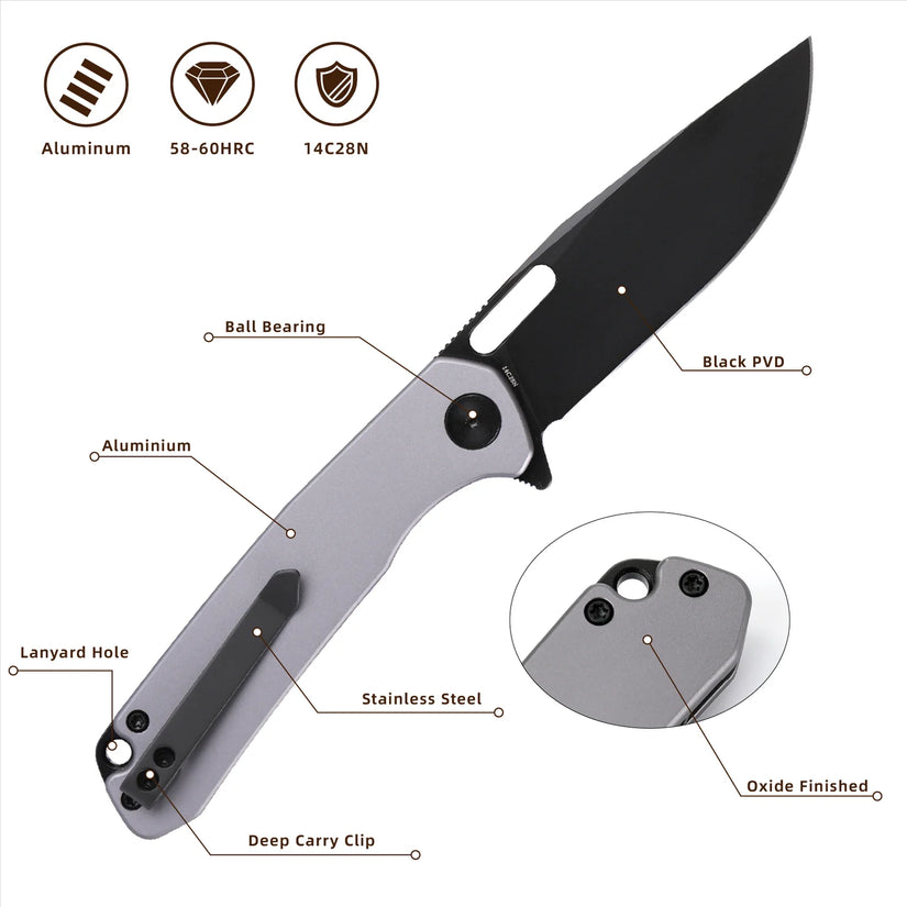 Wixco Pexston WX12-B - 3.3" 14C28N Black PVD Blade, Grey Aluminium Handle