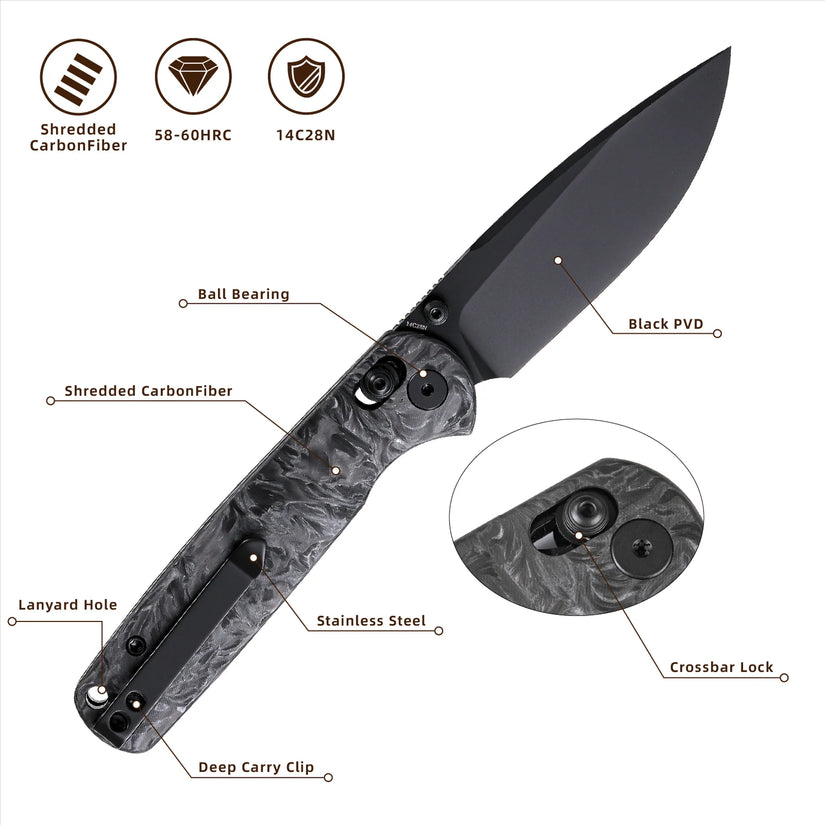 Wixco Drax WX10-B - 3.23" 14C28N Black PVD Blade, Grey Shredded Carbon Fibre Handle