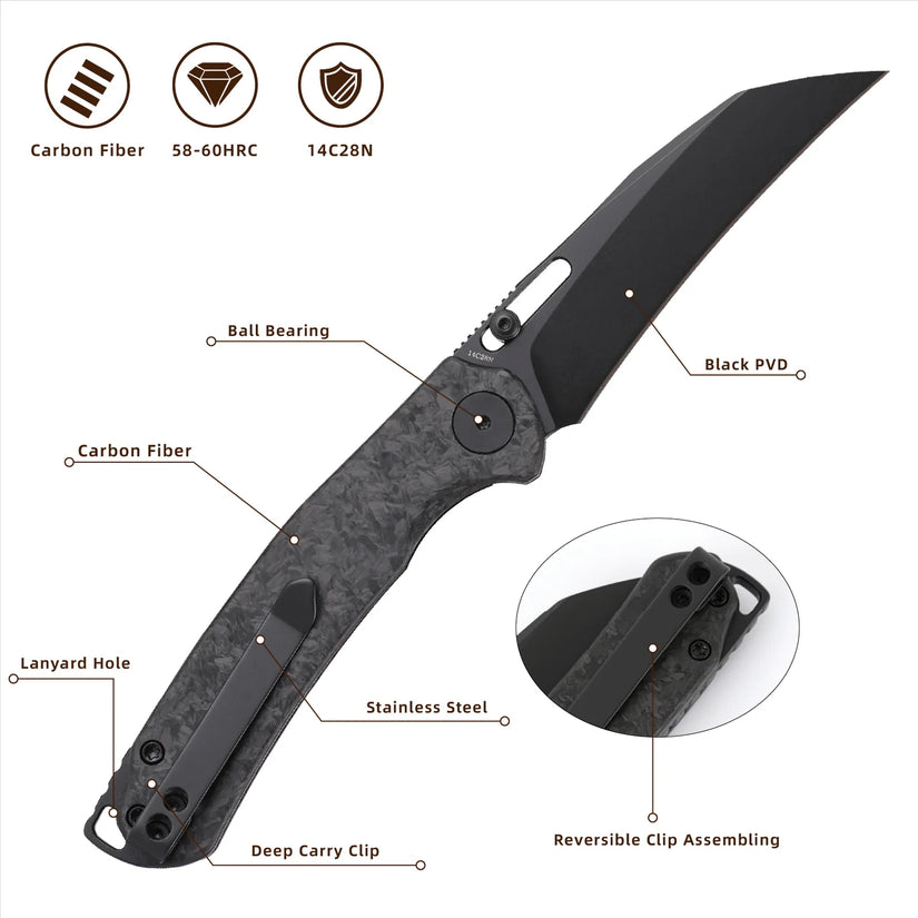 Wixco Wortex WX16-B - 3.1" 14C28N Black PVD Blade, Black Shredded Carbon Fibre Handle