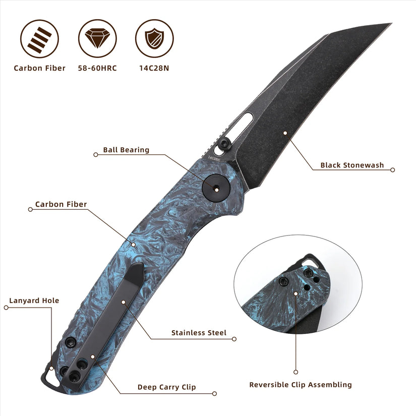 Wixco Wortex WX16-C - 3.1" 14C28N Black PVD Blade, Blue Shredded Carbon Fibre Handle