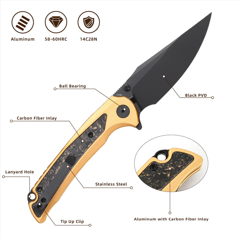 Wixco Scort WX14-B - 3.6" 14C28N Black PVD Blade, Gold Aluminium with Gold Shredded Carbon Fibre Handle