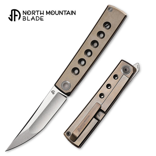 North Mountain Blade Kaiken Bronze Holes - 3.5" M390 Tanto Blade, Titanium Handle