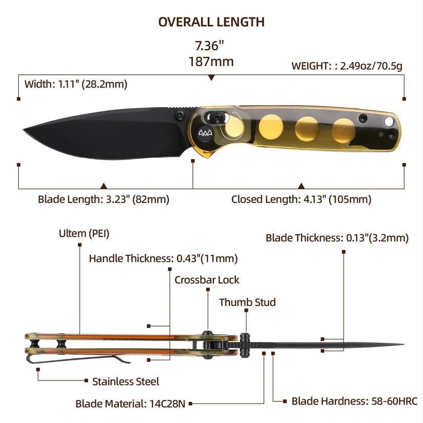 Wixco Drax WX10-C - 3.23" 14C28N Black PVD Blade, Ultem Handle