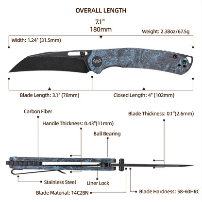 Wixco Wortex WX16-C - 3.1" 14C28N Black PVD Blade, Blue Shredded Carbon Fibre Handle