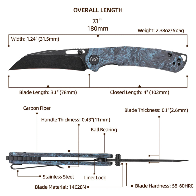 Wixco Wortex WX16-C - 3.1" 14C28N Black PVD Blade, Blue Shredded Carbon Fibre Handle