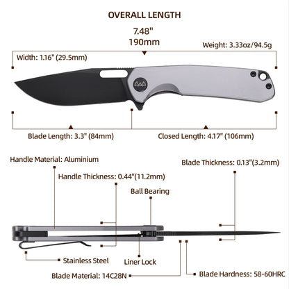 Wixco Pexston WX12-B - 3.3" 14C28N Black PVD Blade, Grey Aluminium Handle