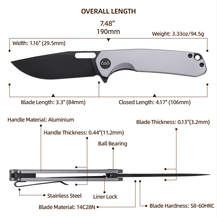 Wixco Pexston WX12-B - 3.3" 14C28N Black PVD Blade, Grey Aluminium Handle