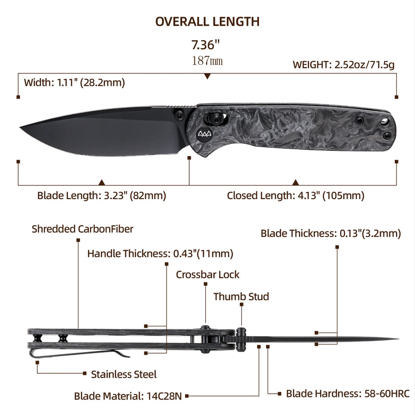 Wixco Drax WX10-B - 3.23" 14C28N Black PVD Blade, Grey Shredded Carbon Fibre Handle