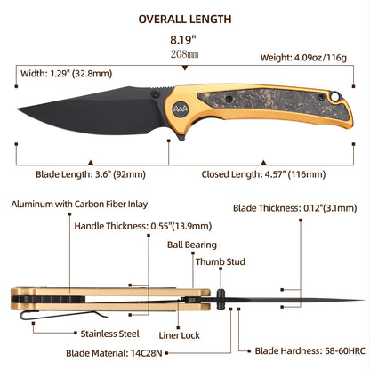 Wixco Scort WX14-B - 3.6" 14C28N Black PVD Blade, Gold Aluminium with Gold Shredded Carbon Fibre Handle