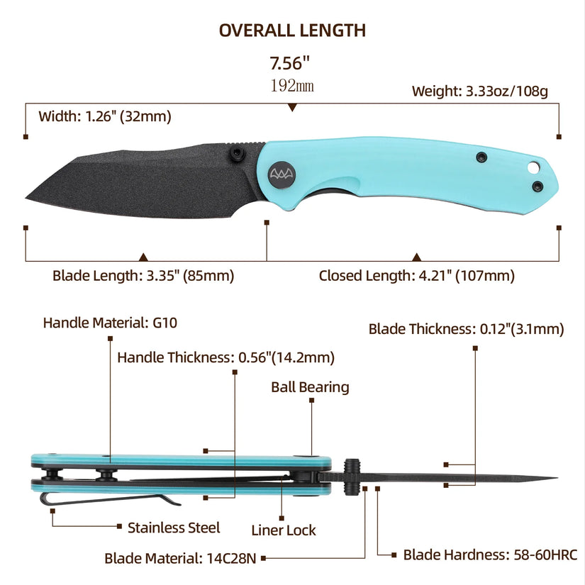 Wixco Axor WX15-C - 3.35" 14C28N Textured Black Blade, Light Blue G10 Handle