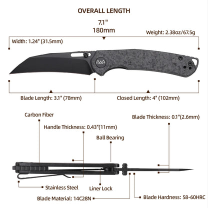 Wixco Wortex WX16-B - 3.1" 14C28N Black PVD Blade, Black Shredded Carbon Fibre Handle