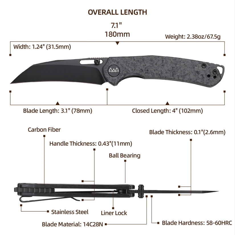 Wixco Wortex WX16-B - 3.1" 14C28N Black PVD Blade, Black Shredded Carbon Fibre Handle