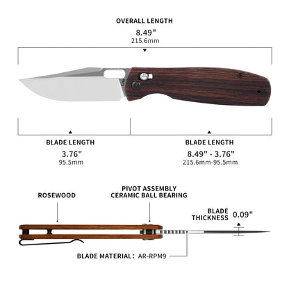 CJRB Prado - 3.76" AR-RPM9 Sand Polished Clip Point Blade, Rosewood Handles - J1936WD