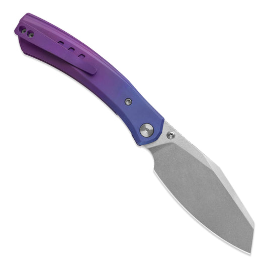 Miguron Karok - 3.4" Stonewashed D2, Anodised Blue/Purple Titanium Handle, Purple Clip