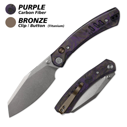 Miguron Karok - 3.4" Stonewashed D2, Purple Carbon Fibre Handle, Bronze Clip