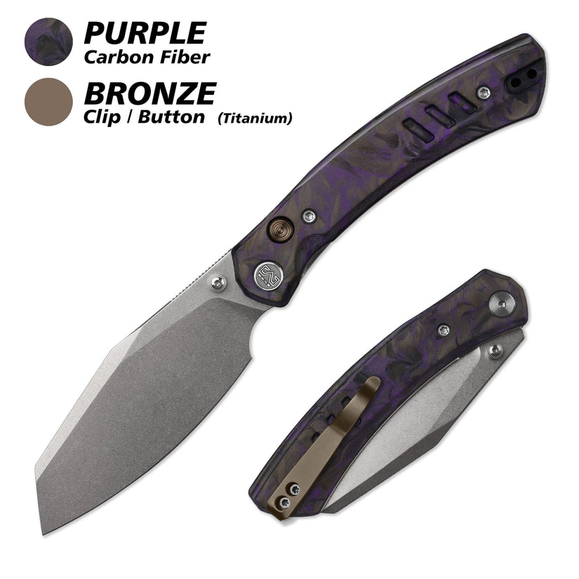 Miguron Karok - 3.4" Stonewashed D2, Purple Carbon Fibre Handle, Bronze Clip