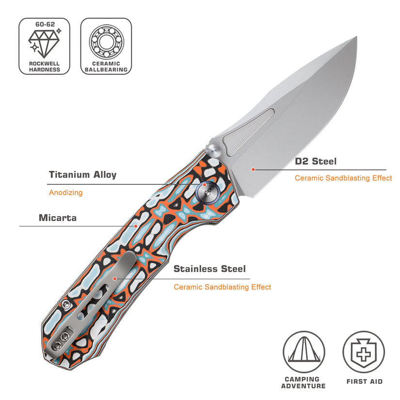 Remette RT-Rhino - 3.07" D2 Bead Blasted Blade, Blue/Orange Micarta Handle