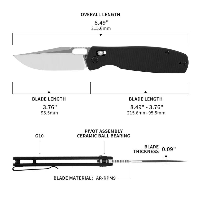 CJRB Prado - 3.76" AR-RPM9 Sand Polished Clip Point Blade, Black G10 Handles - J1936BK