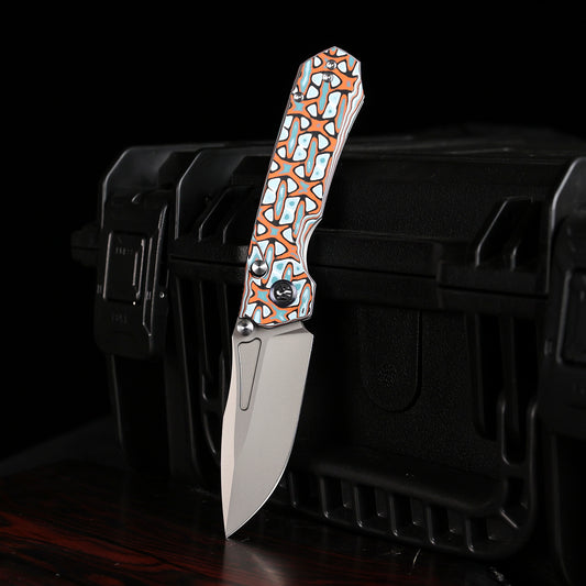 Remette RT-Rhino - 3.07" D2 Bead Blasted Blade, Blue/Orange Micarta Handle