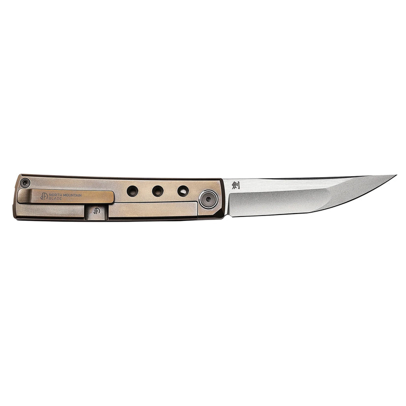 North Mountain Blade Kaiken Bronze Holes - 3.5" M390 Tanto Blade, Titanium Handle