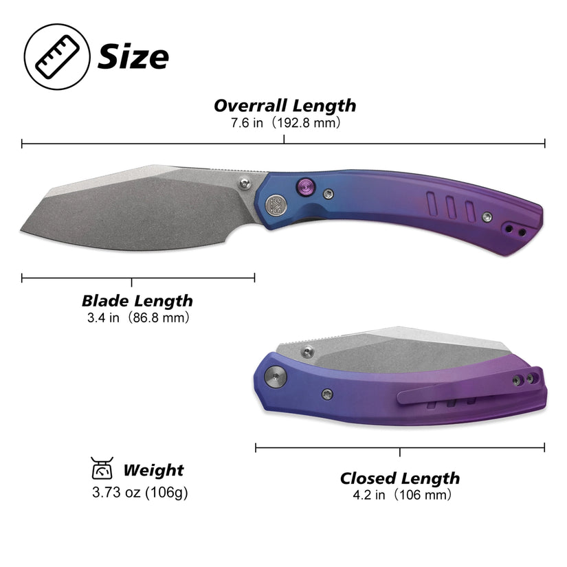 Miguron Karok - 3.4" Stonewashed D2, Anodised Blue/Purple Titanium Handle, Purple Clip