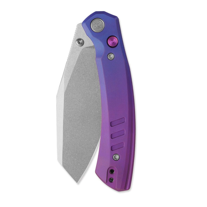 Miguron Karok - 3.4" Stonewashed D2, Anodised Blue/Purple Titanium Handle, Purple Clip