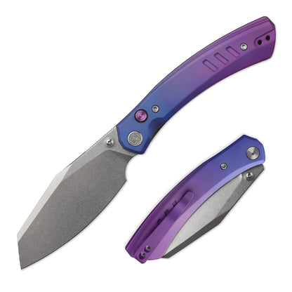 Miguron Karok - 3.4" Stonewashed D2, Anodised Blue/Purple Titanium Handle, Purple Clip
