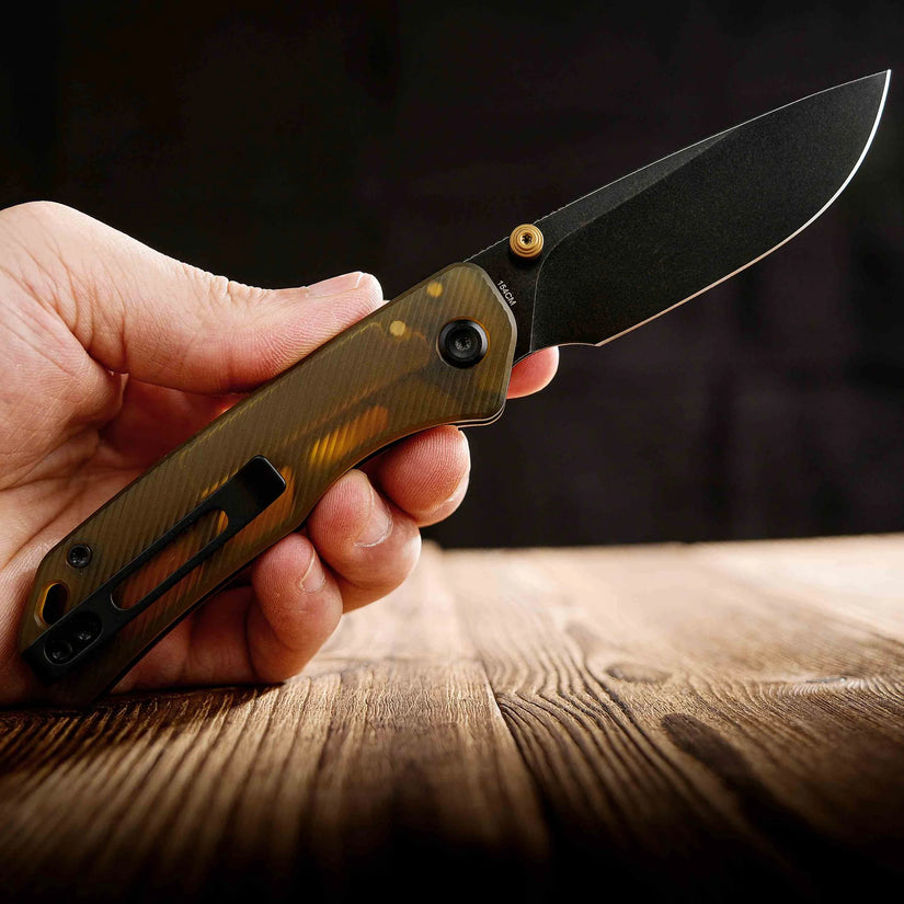 Vosteed Marten A1607 - 2.98" 154CM Black Stonewash Blade, Amber PEI Handle