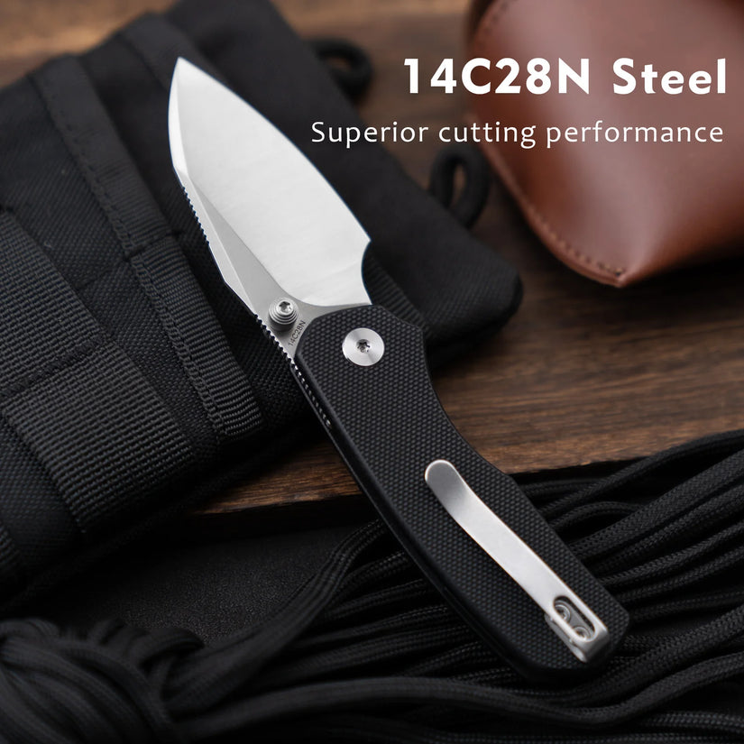 Olitans G057-BW - 2.36" 14C28N Satin Blade, Black G10 Handle