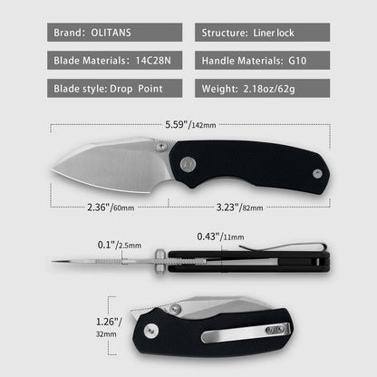 Olitans G057-BW - 2.36" 14C28N Satin Blade, Black G10 Handle