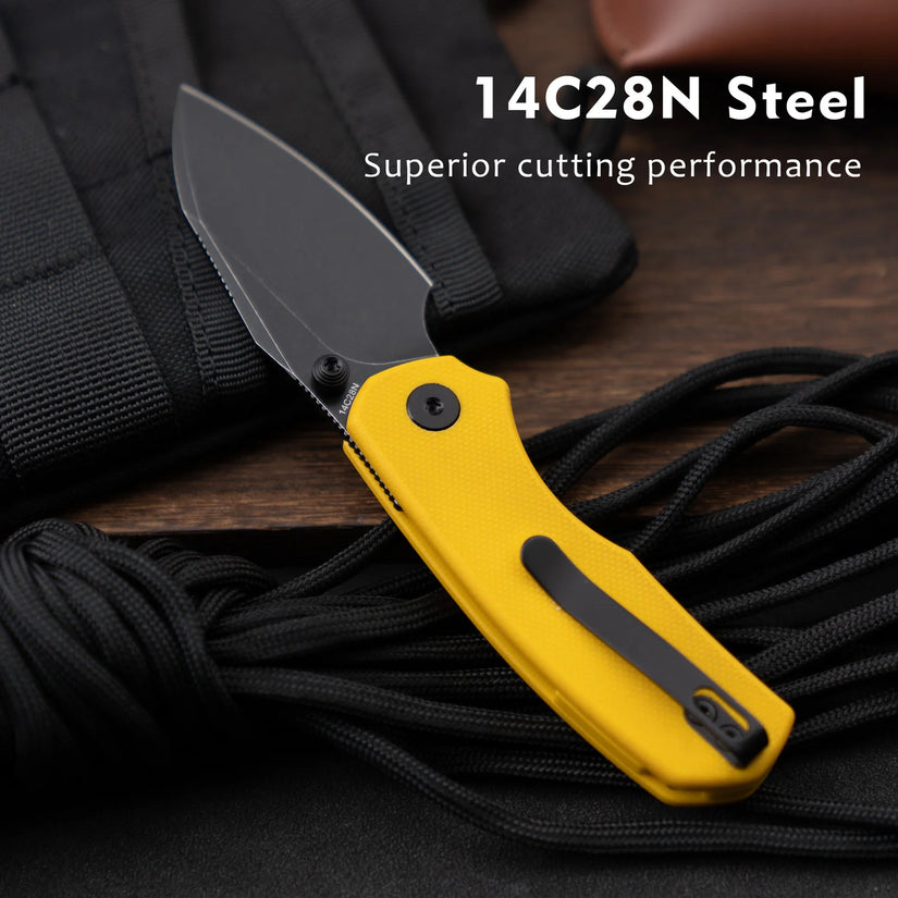 Olitans G057-YB - 2.36" 14C28N Black Blade, Yellow G10 Handle