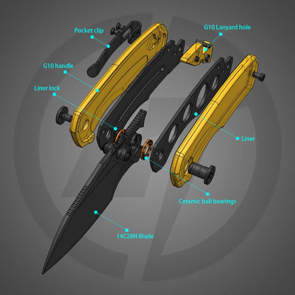 Olitans G057-YB - 2.36" 14C28N Black Blade, Yellow G10 Handle