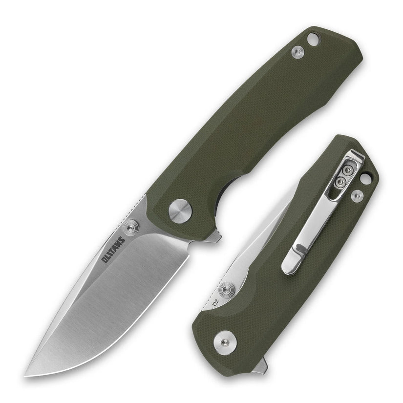 Olitans Bomber G061-GW - 2.91" D2 Satin Blade, Green G10 Handle