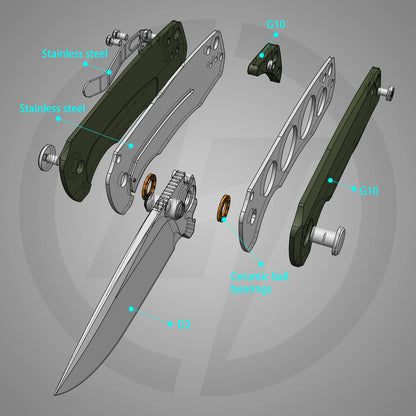 Olitans Bomber G061-GW - 2.91" D2 Satin Blade, Green G10 Handle