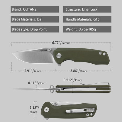Olitans Bomber G061-GW - 2.91" D2 Satin Blade, Green G10 Handle