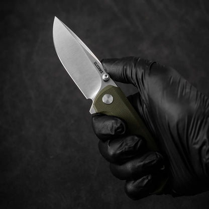 Olitans Bomber G061-GW - 2.91" D2 Satin Blade, Green G10 Handle
